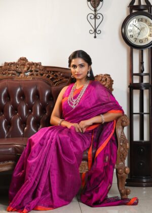 Pure Matka Silk Saree with orange contrast border (vegan silk)