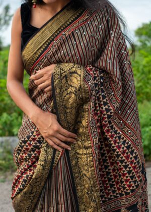 Pure Silk Ajrak Mirror Work Saree